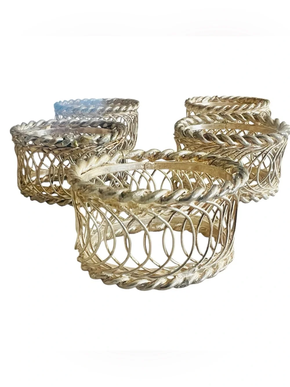 Vintage Two-Tone Woven Wire Napkin Rings Set of 8 Silver Gold Rope Trim 2”